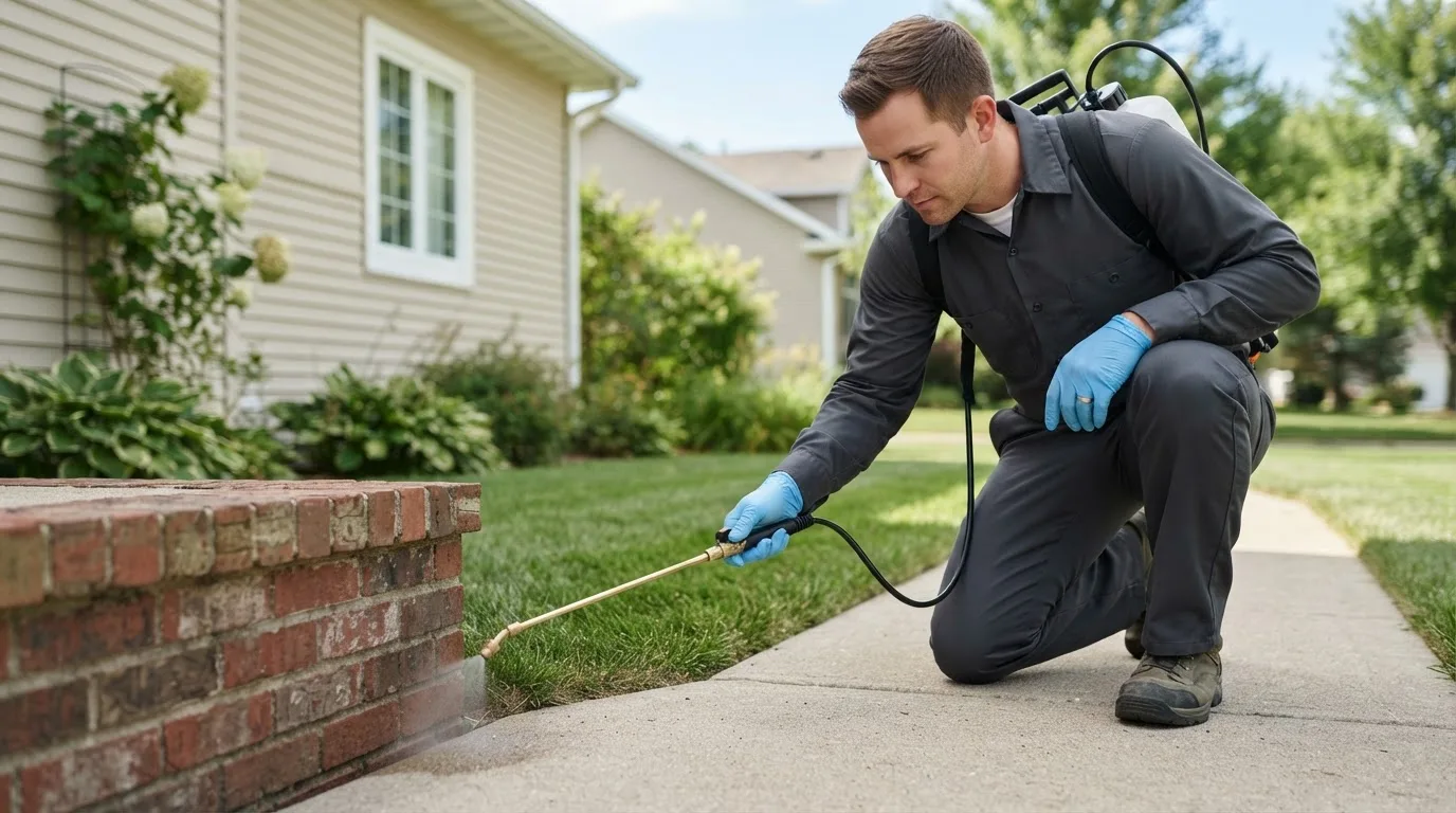 Pest control technician treating a home near North Wilkesboro, NC